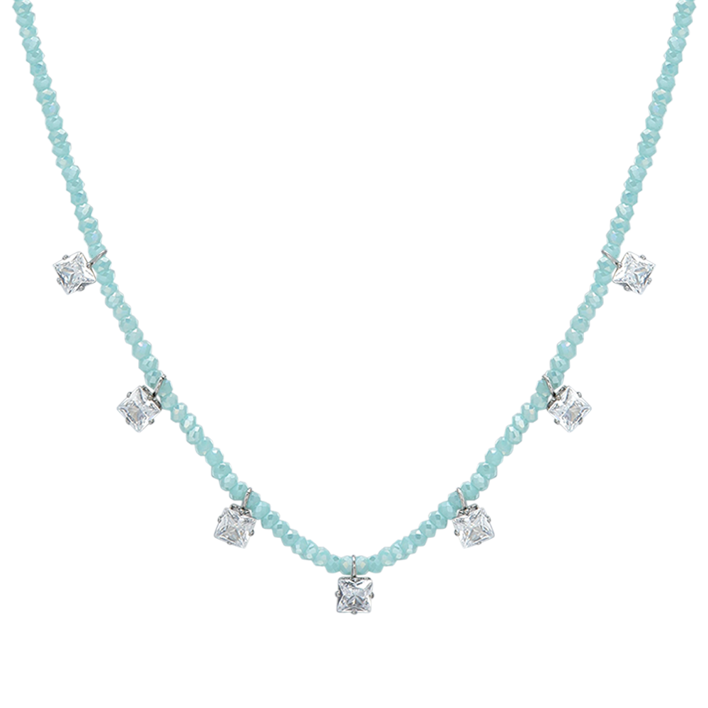 COLLAR DE ACERO PARA MUJER CON CRISTALES DE TURQUESA Y CIRCONITA BLANCA