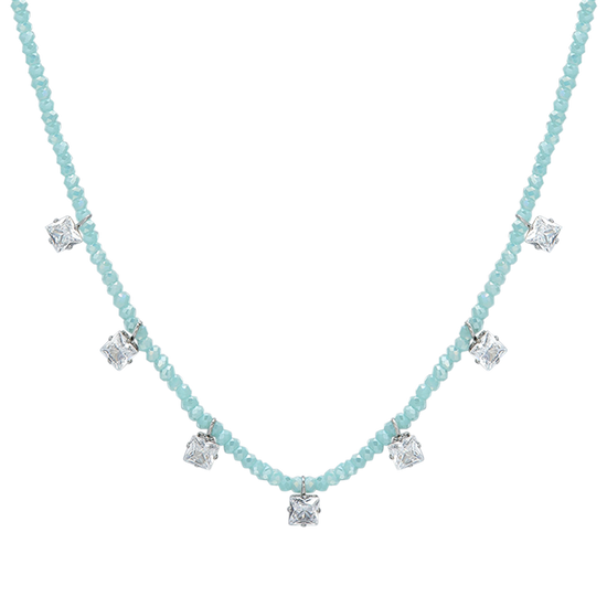 COLLAR DE ACERO PARA MUJER CON CRISTALES DE TURQUESA Y CIRCONITA BLANCA