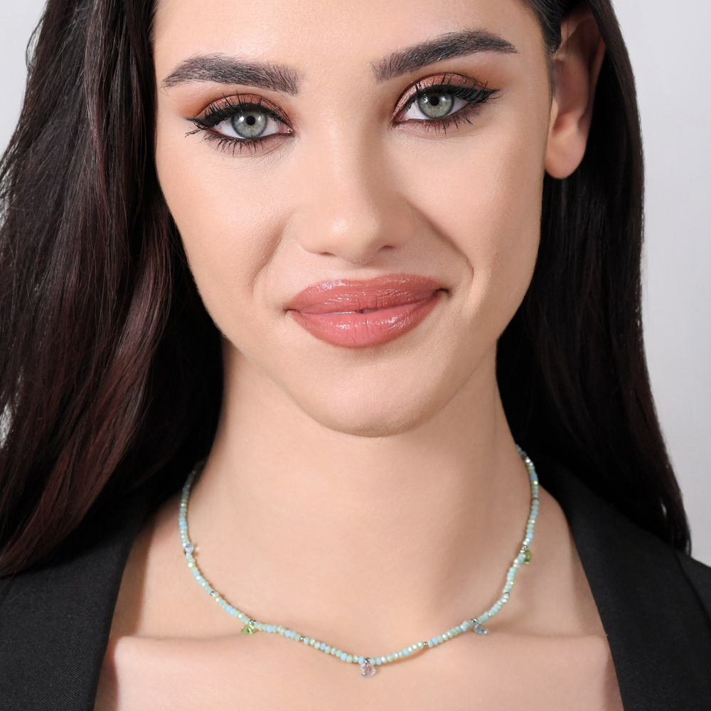 COLLAR DE ACERO PARA MUJER CON PIEDRAS Y CRISTALES VERDE AGUA