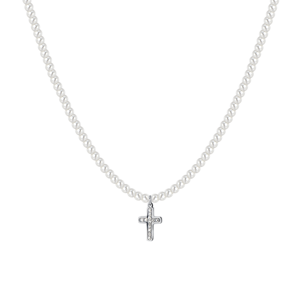 COLLAR DE PERLAS Y CRUCES DE ACERO