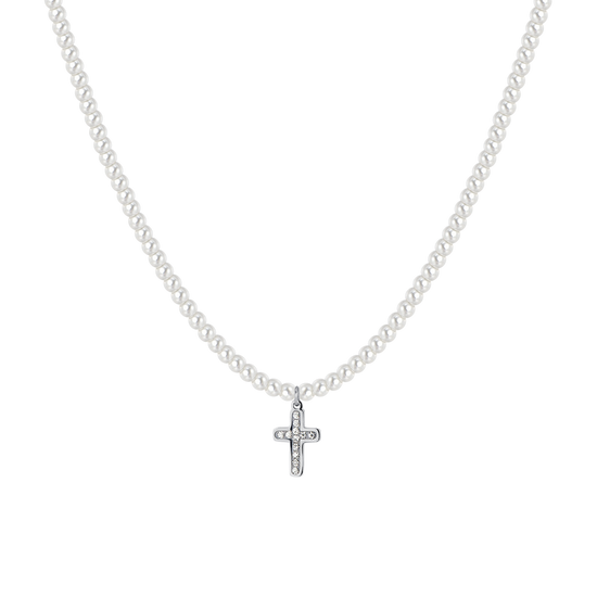 COLLAR DE PERLAS Y CRUCES DE ACERO