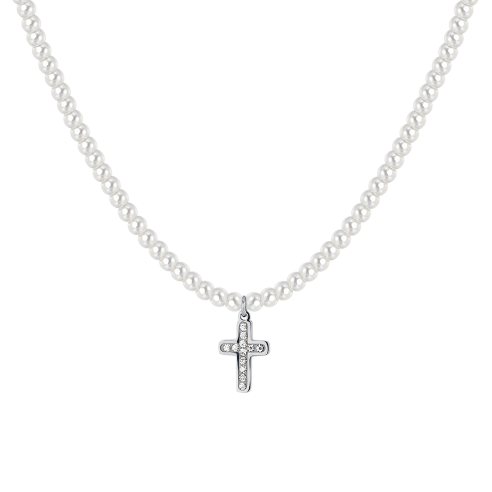 COLLAR DE PERLAS Y CRUCES DE ACERO
