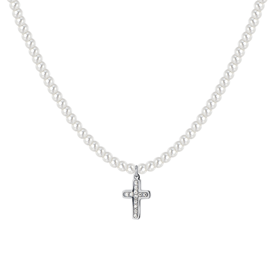COLLAR DE PERLAS Y CRUCES DE ACERO