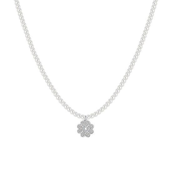 COLLAR DE PERLAS Y TRÉBOLES DE ACERO PARA MUJER