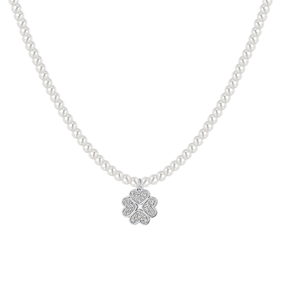 COLLAR DE PERLAS Y TRÉBOLES DE ACERO PARA MUJER