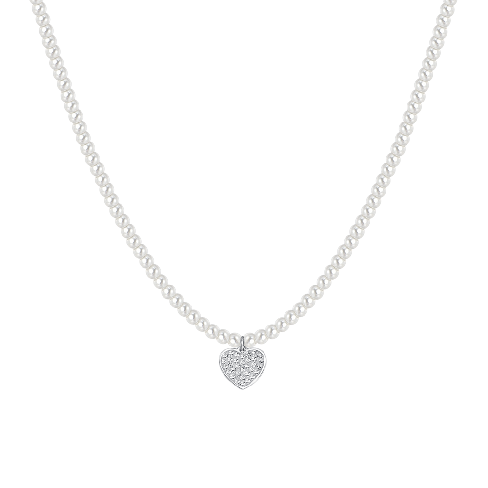 COLLAR DE PERLAS Y CORAZONES DE ACERO