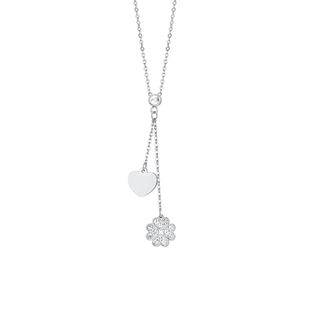 COLLAR DE ACERO CON TRÉBOL DE CUATRO HOJAS Y CORAZÓN PARA MUJER