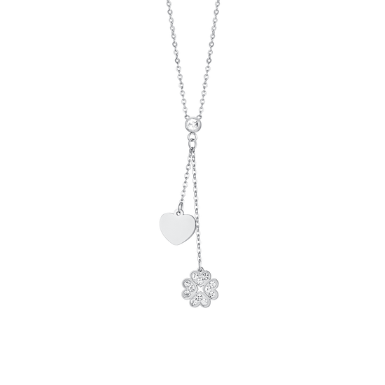 COLLAR DE ACERO CON TRÉBOL DE CUATRO HOJAS Y CORAZÓN PARA MUJER