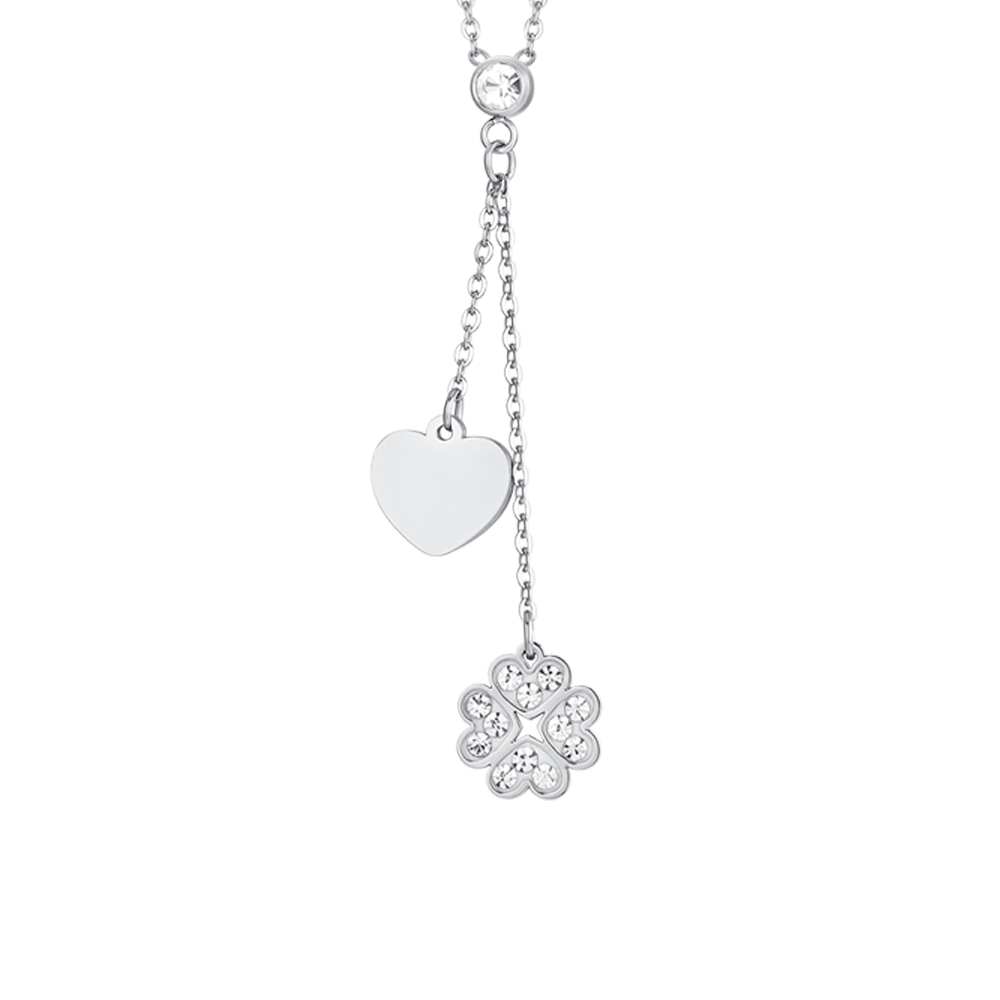 COLLAR DE ACERO CON TRÉBOL DE CUATRO HOJAS Y CORAZÓN PARA MUJER