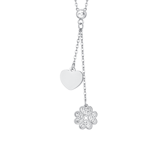 COLLAR DE ACERO CON TRÉBOL DE CUATRO HOJAS Y CORAZÓN PARA MUJER