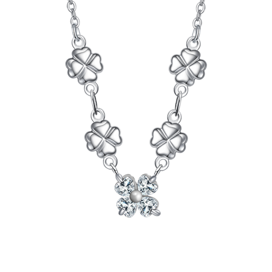 COLLANA IN ACCIAO CON QUADRIFOGLI E ZIRCONI BIANCHI