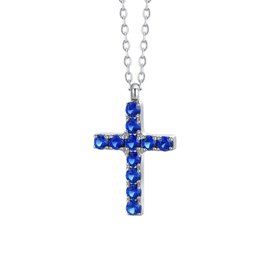 Carica immagine nella Galleria COLLANA DONNA IN ACCIAIO CON CROCE E ZIRCONI BLU
