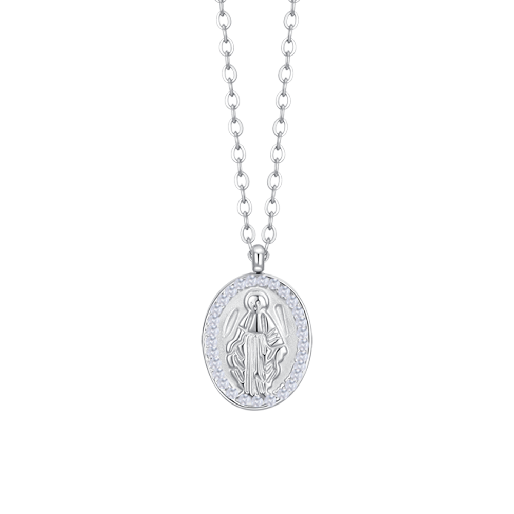 COLLANA DONNA IN ACCIAIO, MEDAGLIETTA CON MADONNINA E ZIRCONI BIANCHI