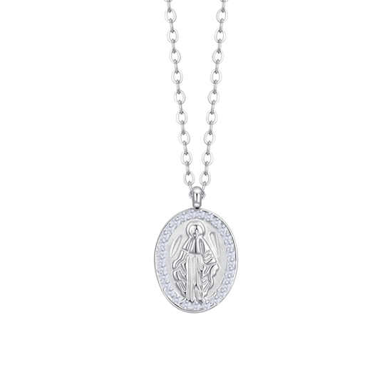 COLLANA DONNA IN ACCIAIO, MEDAGLIETTA CON MADONNINA E ZIRCONI BIANCHI