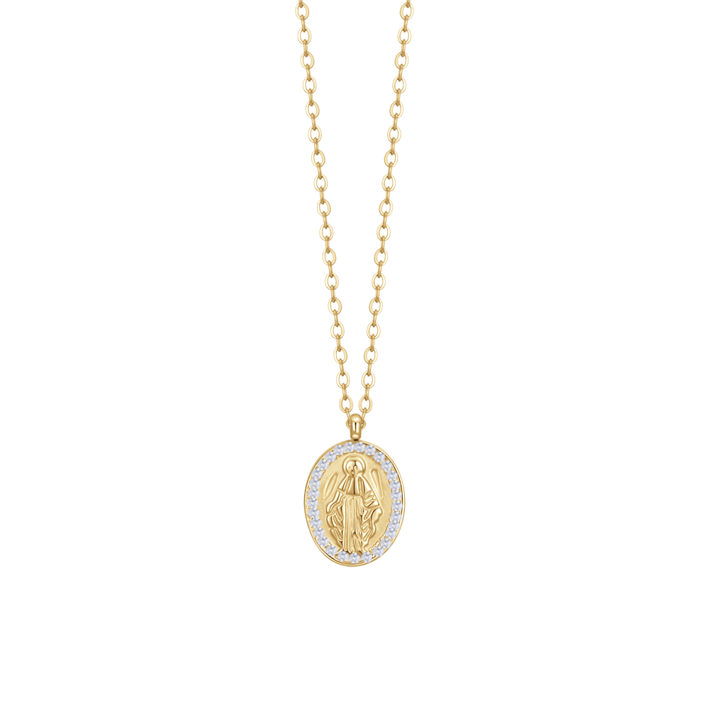 COLLANA DONNA IN ACCIAIO IP GOLD,  MADONNINA MIRACOLOSA E ZIRCONI BIANCHI