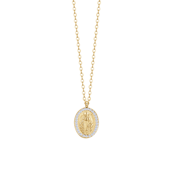 COLLANA DONNA IN ACCIAIO IP GOLD,  MADONNINA MIRACOLOSA E ZIRCONI BIANCHI
