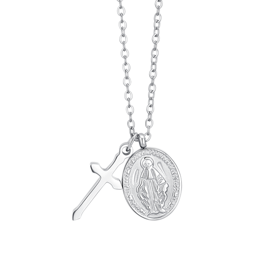 COLLANA DONNA IN ACCIAIO, MEDAGLIETTA CON MADONNINA MIRACOLOSA E CROCE