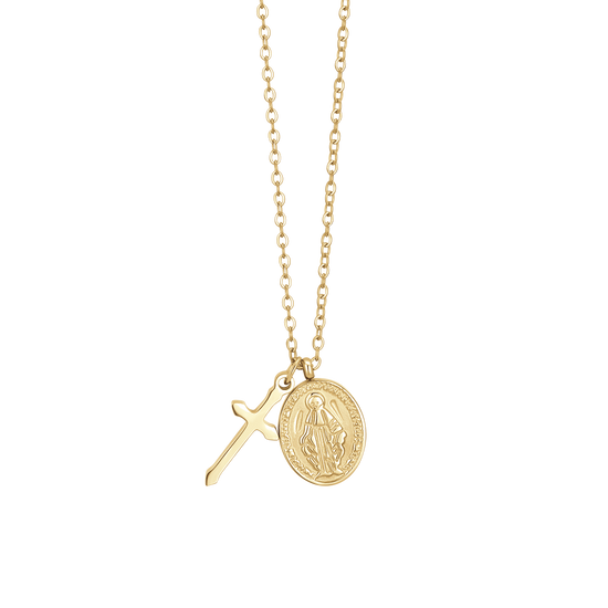 COLLANA DONNA IN ACCIAIO IP GOLD, MEDAGLIETTA CON MADONNINA MIRACOLOSA E CROCE