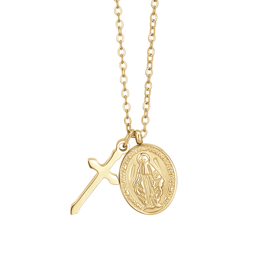COLLANA DONNA IN ACCIAIO IP GOLD, MEDAGLIETTA CON MADONNINA MIRACOLOSA E CROCE