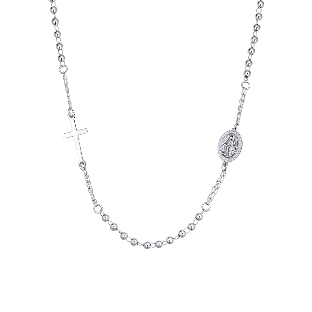 COLLANA DONNA ROSARIO IN ACCIAIO, MEDAGLIETTA CON MADONNINA MIRACOLOSA