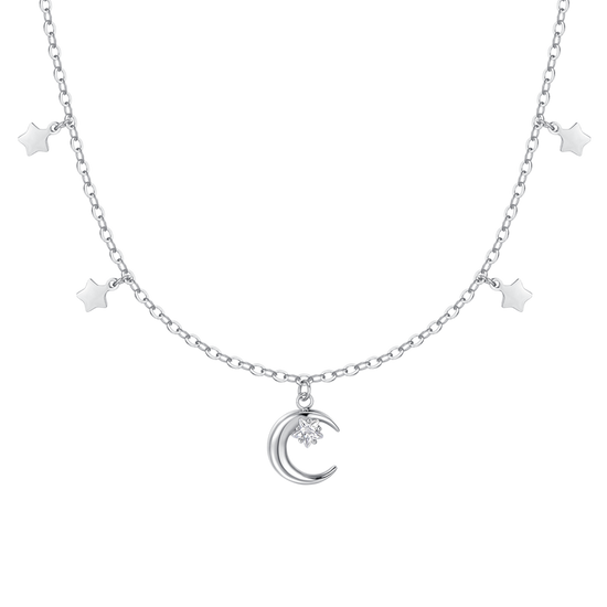 COLLANA DONNA IN ACCIAIO, LUNA CON ZIRCONE BIANCO E STELLE