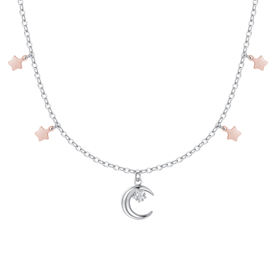 COLLANA DONNA IN ACCIAIO, LUNA CON ZIRCONE BIANCO E STELLE