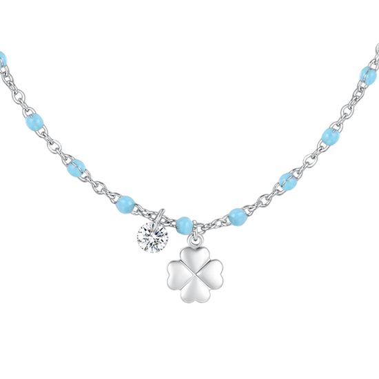Carica immagine nella Galleria COLLANA DONNA IN ACCIAIO CON QUADRIFOGLIO,CRISTALLO E PIETRE CON SMALTO TURCHESE
