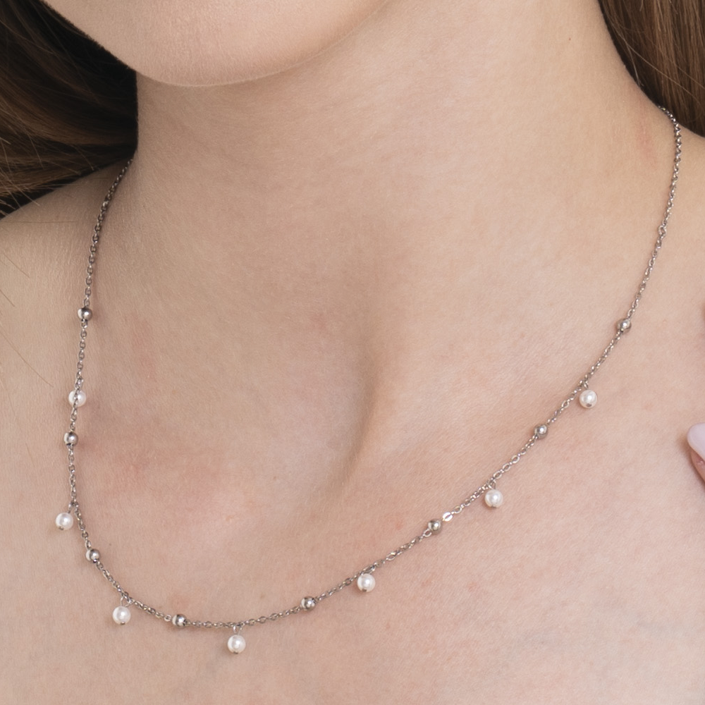 COLLAR DE ACERO PARA MUJER CON PERLAS BLANCAS