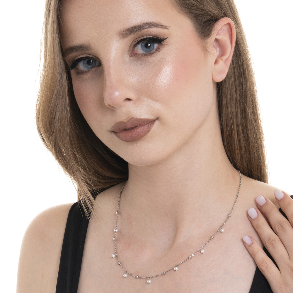 COLLAR DE ACERO PARA MUJER CON PERLAS BLANCAS