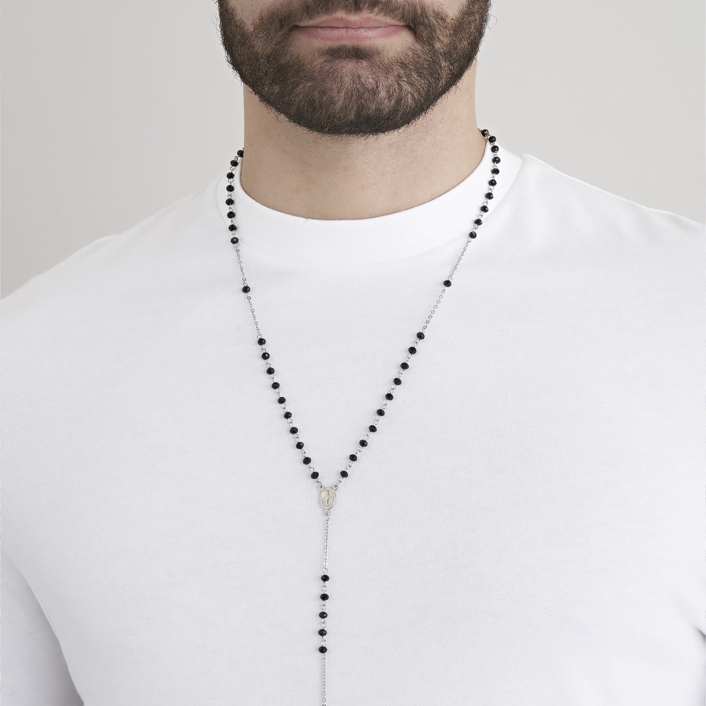 COLLANA UOMO ROSARIO IN ACCIAIO CON PIETRA LAVICA E PENDENTE