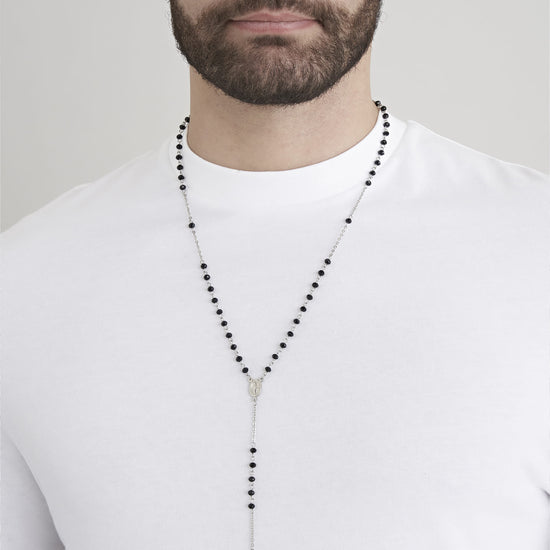COLLANA UOMO ROSARIO IN ACCIAIO CON PIETRA LAVICA E PENDENTE