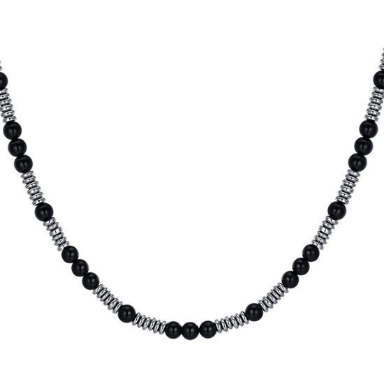 COLLAR DE HOMBRE DE ACERO CON PIEDRAS NEGRAS Y ELEMENTOS DE ACERO