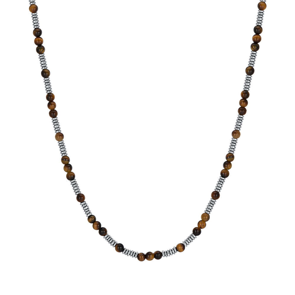 COLLAR DE ACERO PARA HOMBRE CON PIEDRAS DE OJO DE TIGRE Y ELEMENTOS DE ACERO