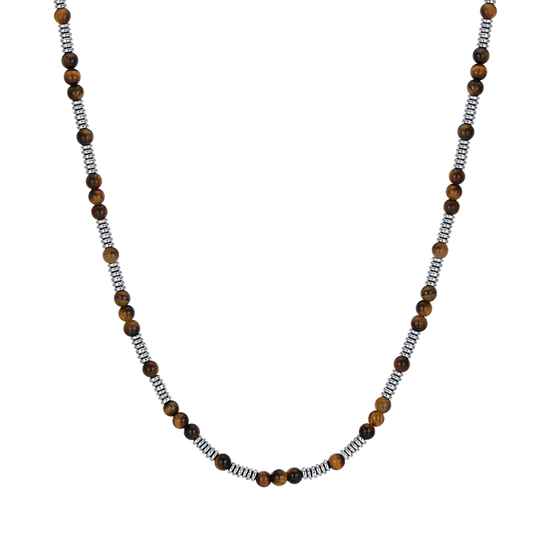 COLLAR DE ACERO PARA HOMBRE CON PIEDRAS DE OJO DE TIGRE Y ELEMENTOS DE ACERO