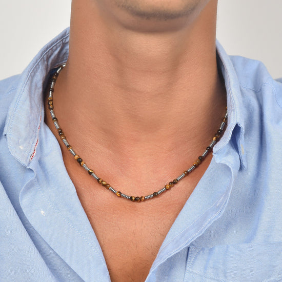 COLLAR DE HOMBRE DE ACERO CON PIEDRAS DE OJO DE TIGRE Y ELEMENTOS DE ACERO Luca Barra