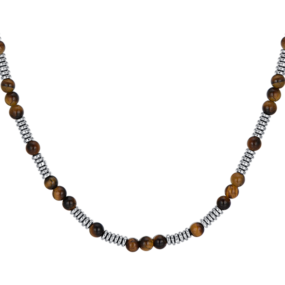 COLLAR DE ACERO PARA HOMBRE CON PIEDRAS DE OJO DE TIGRE Y ELEMENTOS DE ACERO