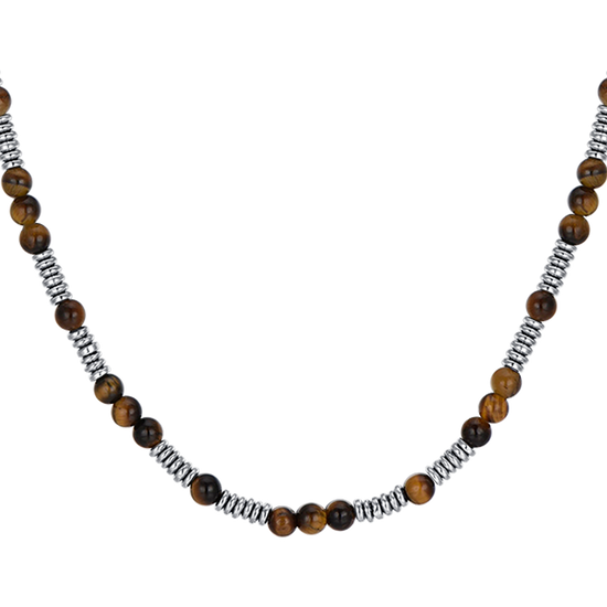 COLLAR DE ACERO PARA HOMBRE CON PIEDRAS DE OJO DE TIGRE Y ELEMENTOS DE ACERO
