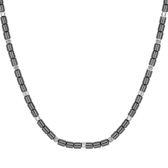 COLLAR DE HOMBRE DE ACERO CON IP ARMA HEMATITA Y PLATA