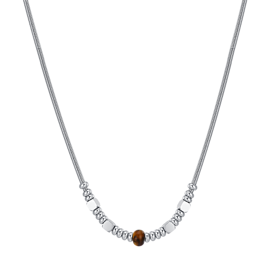 COLLAR DE ACERO PARA HOMBRE CON PIEDRAS OJO DE TIGRE