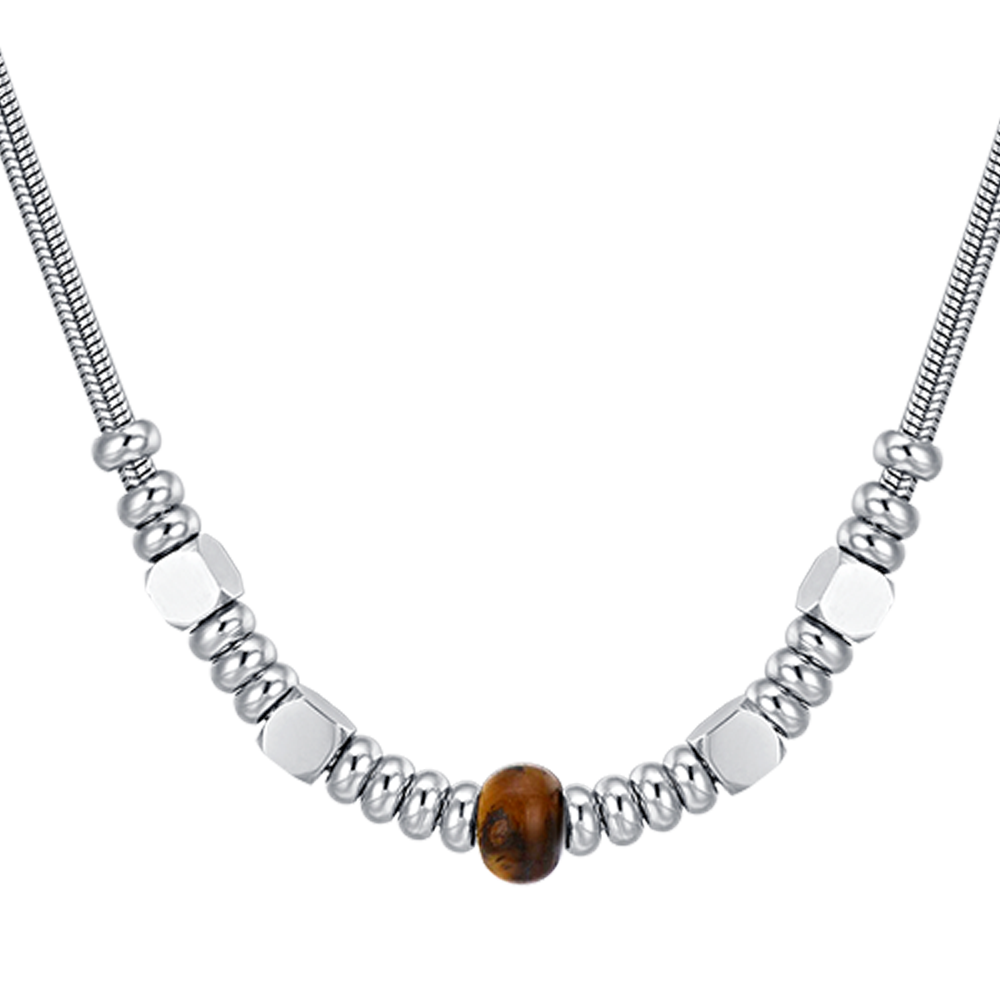 COLLAR DE ACERO PARA HOMBRE CON PIEDRAS OJO DE TIGRE