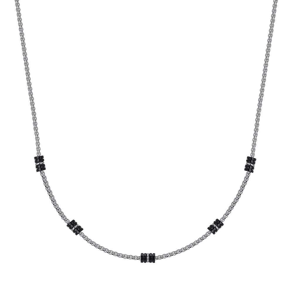 COLLAR MASCULINO DE ACERO CON ELEMENTOS IP NEGROS Y PLATEADOS