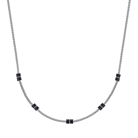 COLLAR MASCULINO DE ACERO CON ELEMENTOS IP NEGROS Y PLATEADOS