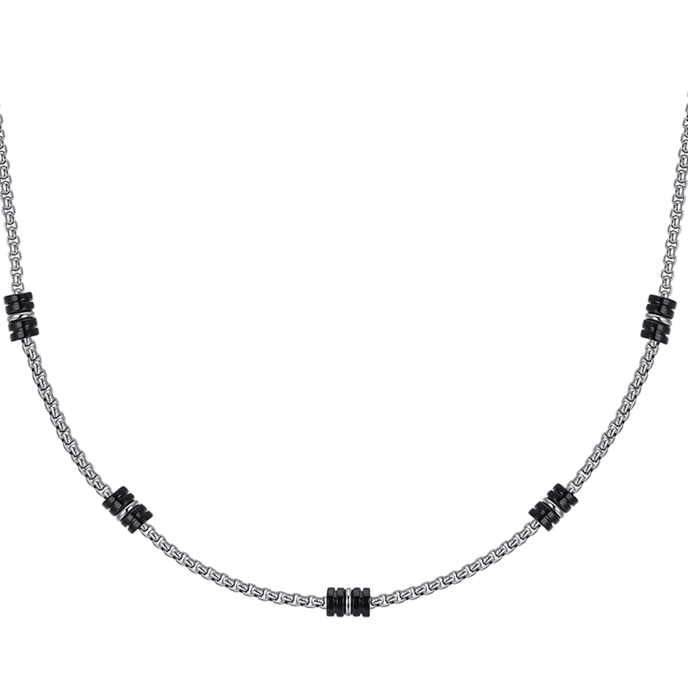COLLAR MASCULINO DE ACERO CON ELEMENTOS IP NEGROS Y PLATEADOS