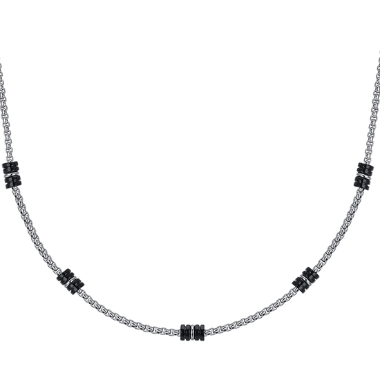 COLLAR MASCULINO DE ACERO CON ELEMENTOS IP NEGROS Y PLATEADOS