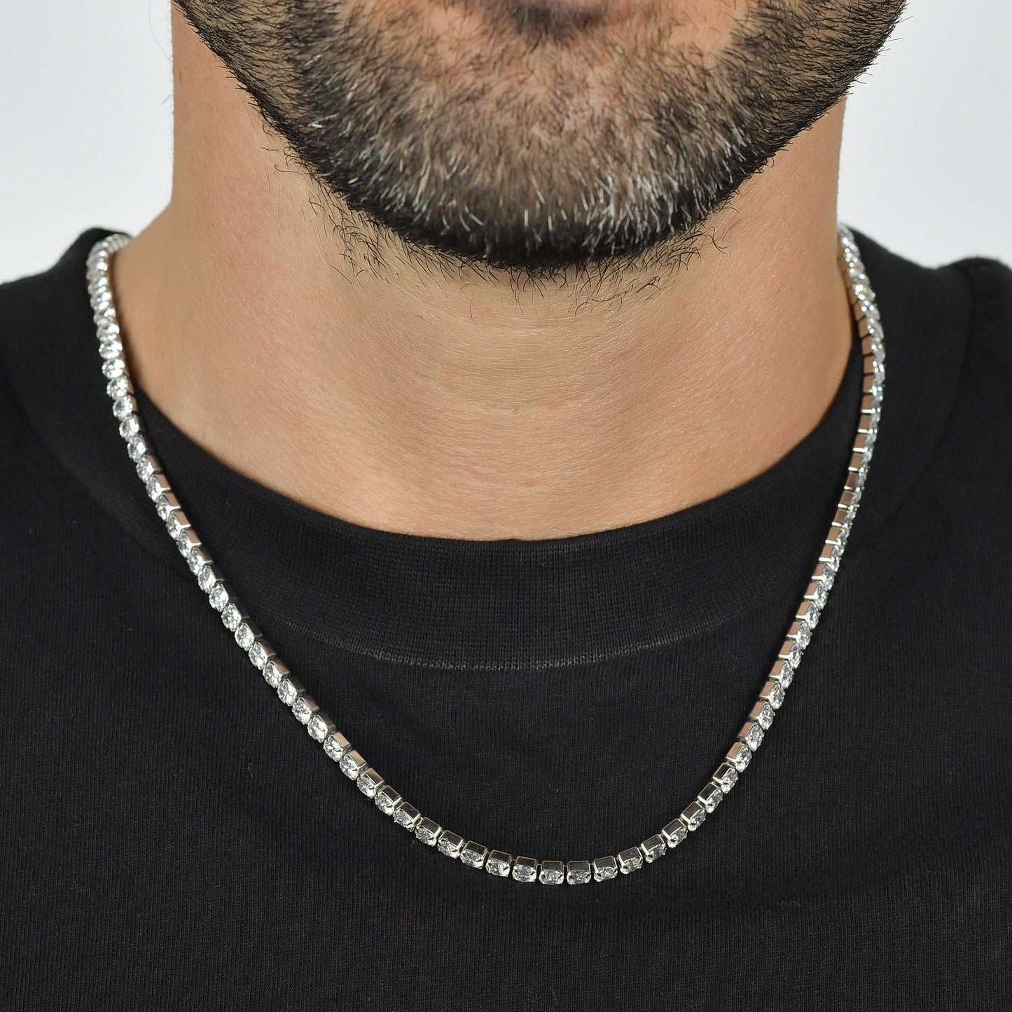 COLLAR DE TENIS DE HOMBRE DE ACERO CON CRISTALES BLANCOS