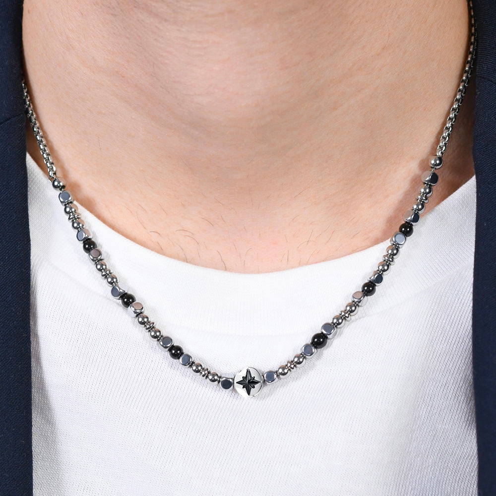 COLLAR HOMBRE ACERO ROSA DE LOS VIENTOS IP NEGRO