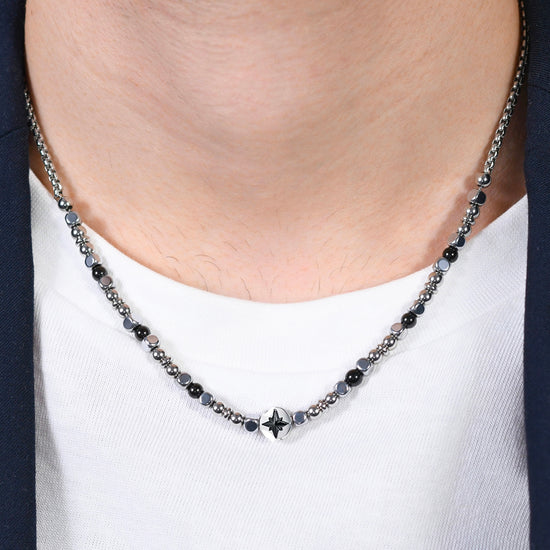 COLLAR HOMBRE ACERO ROSA DE LOS VIENTOS IP NEGRO