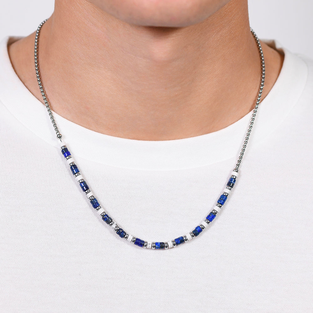 COLLAR DE ACERO PARA HOMBRE LAPIS Y PIEDRAS BLANCAS