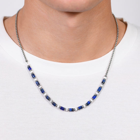 COLLAR DE ACERO PARA HOMBRE LAPIS Y PIEDRAS BLANCAS