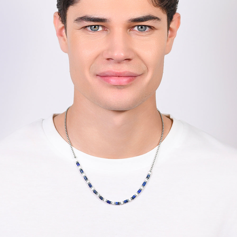 COLLAR DE ACERO PARA HOMBRE LAPIS Y PIEDRAS BLANCAS